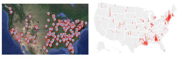 A map of the subjects who completed the survey on the left, and a map of COVID cases in April on the right. This was used in the psychology conference.